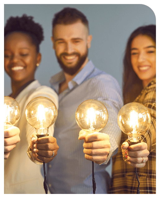 community connections - people holding burning electric bulb